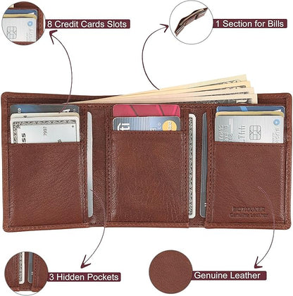 Genuine Leather Trifold Wallet Men RFID Blocking 8 Credit Card Slots 1 Section for Bills 3 Hidden Pockets | Choco