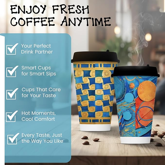 To Go Paper Coffee Cups With Lids, 12 oz, 150 ct, Disposable Insulated Paper Cups for On-The-Go Hot or Cold Beverages,Multi use, Work, Home, Party, Holiday, stylish look