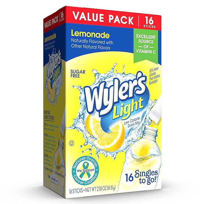 Wyler's Light Singles To Go Powder Packets, Water Drink Mix, Lemonade, 16 Count, 6 Boxes (96 Single Servings)