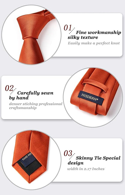HISDERN Mens Solid Color Ties Formal Satin Necktie and Pocket Square Set Classic Wedding Business Tie & Handkerchief