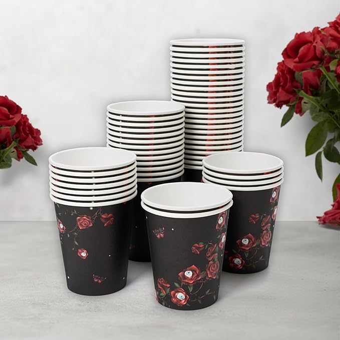 Cheerland Halloween Disposable Paper Cups Red Rose Eyeball Skull Skeleton Disposable Tableware for Halloween Gothic Spooky Birthday Celebration Emo Party Supplies 50pcs