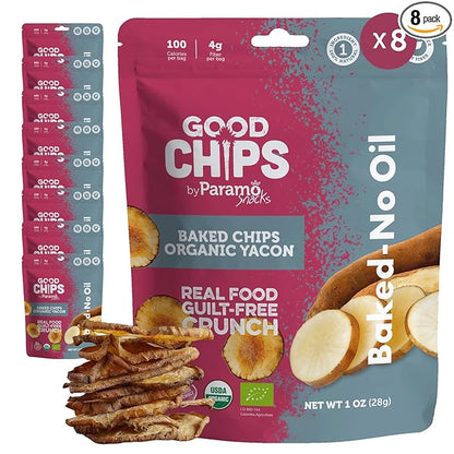 Baked Organic Yacon Chips by GOOD CHIPS! 100% Natural, Oil Free, Only One Ingredient: Yacon Root, USDA Organic, Earthy Sweet Superfood, Good Source of Fiber, 1 oz Bags, Pack of 8