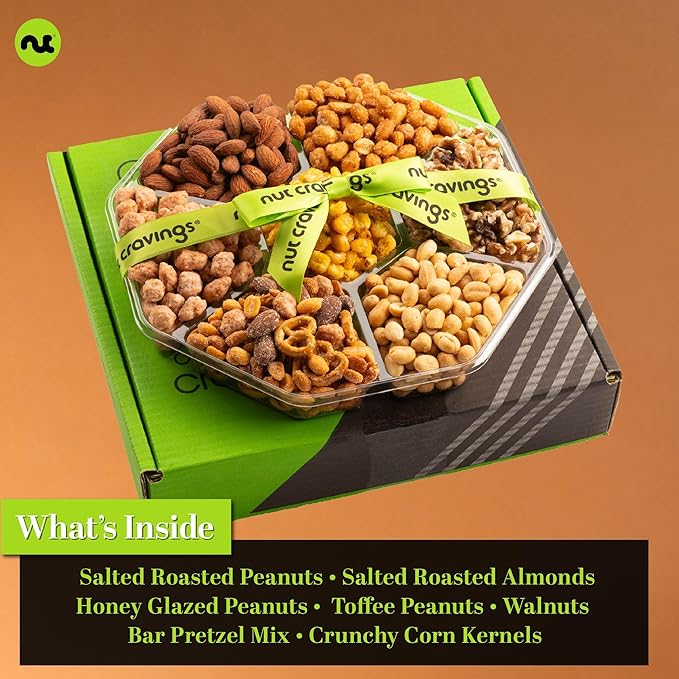 NUT CRAVINGS - Thanksgiving Mixed Nuts Gift Basket + Green Ribbon Classic (7 Assortments, 1 LB) Holiday Xmas Christmas Food Arrangement, Healthy Snack Care Package, Food Assortments
