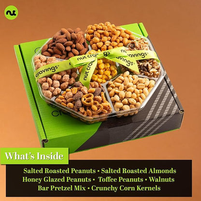 NUT CRAVINGS - Thanksgiving Mixed Nuts Gift Basket + Green Ribbon Classic (7 Assortments, 1 LB) Holiday Xmas Christmas Food Arrangement, Healthy Snack Care Package, Food Assortments
