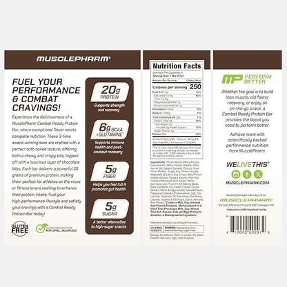 MusclePharm Combat Ready Chocolate Cake Protein Bars, High Protein Bars, Combat Cravings, Fuel Performance & Meet Energy Demands, 20g Protein from Whey Protein, 5g Fiber, Gluten Free, 4 Bars