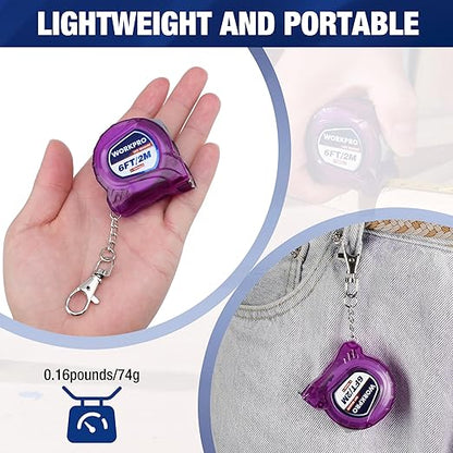 WORKPRO Keychain Tape Measure, 6FT Retractable Easy Reading Mini Tape Measurement, Inch/Metric Scale Pocket Size Small Tape Measure for Engineer, Lightweight, ABS Protective Casing, 2 Pcs, Purple