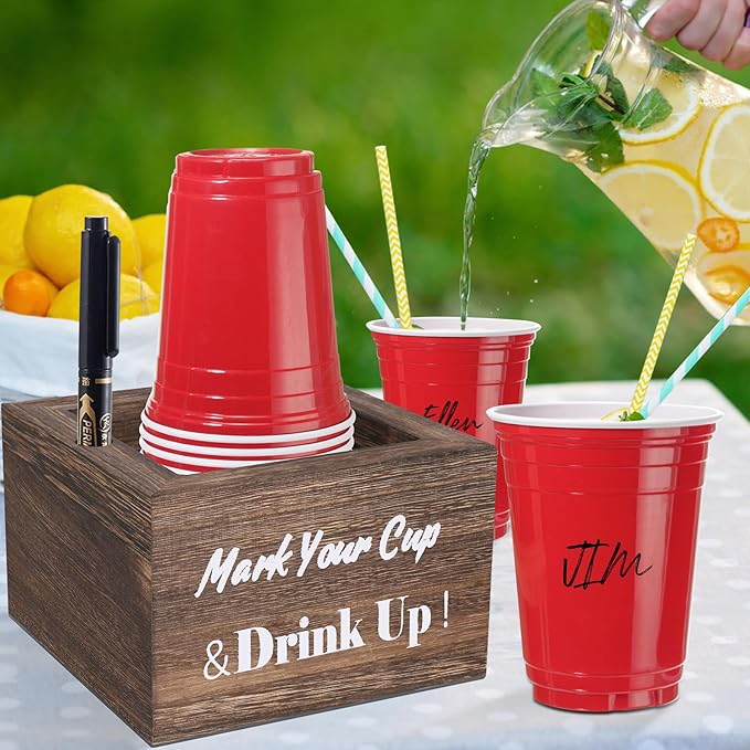 Wooden Cup Holder - Party Cup Holder with Marker Slot, for Party and Wedding, Rustic Disposable for Bar, Kitchen, Countertop, Home & Office, Brown