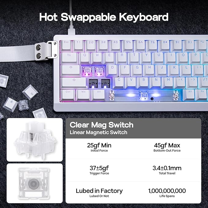 EPOMAKER HE68 Lite Hall Effect Gaming Keyboard, 8k Polling & 128K Scan Rate, 0.01mm Adjustable Trigger, 0.125ms Latency, 5-Layer Sound-Dampened, Snap Key, SOCD, A-RGB, Wired, Mac Software (White)
