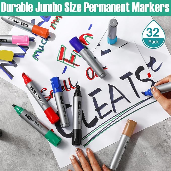 Fuutreo 32 Pcs Jumbo Permanent Markers Bulk Large Chisel Tip Permanent Markers Waterproof Jumbo Pens Quick Drying Office Teacher Supplies (Multicolor)