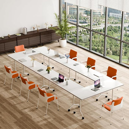 Conference Room Table, 55 Inch Folding Conference Tables with Wheels, Modern Office Meeting Table, Easy Flip & Nest Design, Rectangular Seminar Tables with Metal Frame for 2-24 People(A 2PCS)