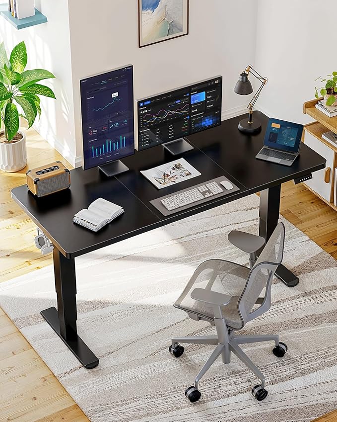 HUANUO 71x30 Inch 3-Stage Legs Electric Standing Desk, Large Height Adjustable Office Desk with Brushless Motor, Stand Up Desk with 4 Memory Presets & 2 Hooks, Computer Desk for Home Office, Black