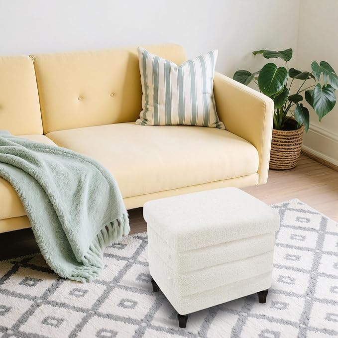CAROLMADE Folding Storage Ottoman Cube Sherpa Footstool with Wood Legs Ottoman Footrest for Living Room and Bedroom, White 15"x12.6"x15.4"