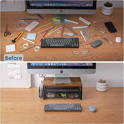 ARCOBIS Monitor Riser with Drawers and Pen Holders, Wood & Mesh Metal Computer Monitor Stand with Storage for Desk, Rustic Brown