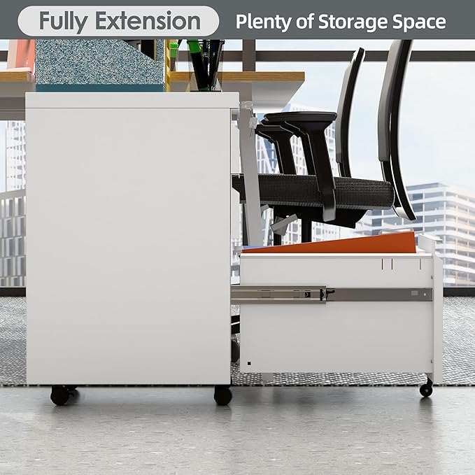 SUXXAN 3 Drawer Mobile File Cabinet with Lock, Under Desk Metal Filing Cabinet for Office,Home,A4/Legal/Letter Size, Fully Assembled (White)