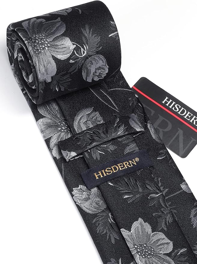 HISDERN Men Floral Ties Woven Classic 3.4" Necktie Set Formal Tie Pocket Square for Wedding with Handkerchief Gift Box