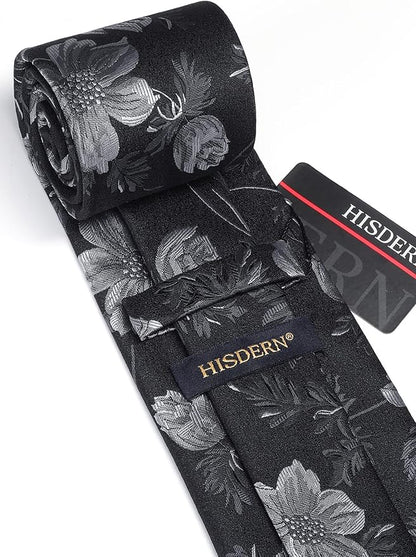 HISDERN Men Floral Ties Woven Classic 3.4" Necktie Set Formal Tie Pocket Square for Wedding with Handkerchief Gift Box