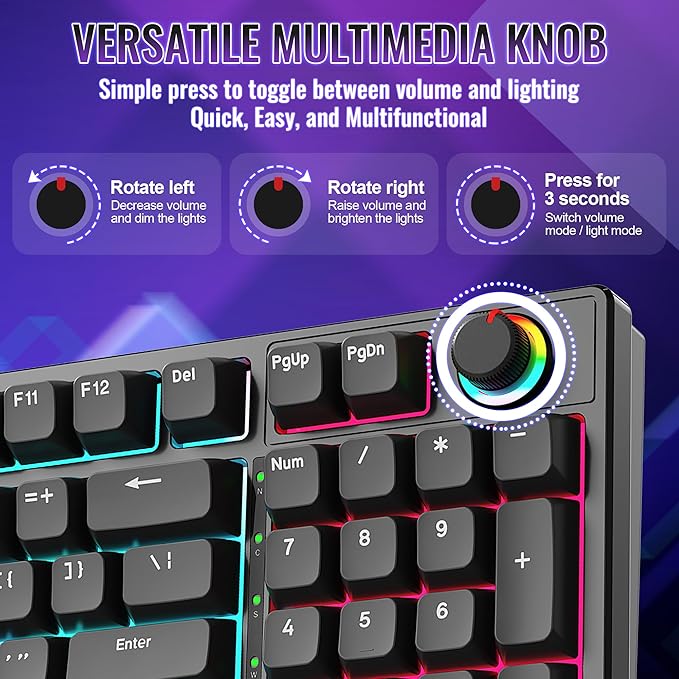 Mechanical Gaming Keyboard with Red Switches: 98 Keys PC Gaming Keyboard with Backlit，Multi-Function Volume & Lighting Knob,Anti-Ghosting Wired USB keybaord for Elite PC/Mac Gamers