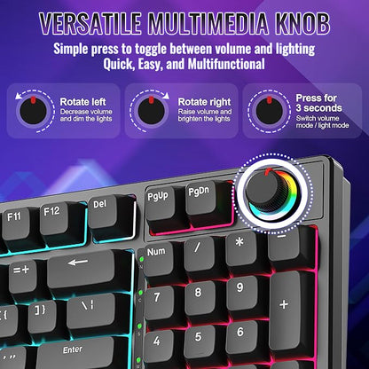 Mechanical Gaming Keyboard with Red Switches: 98 Keys PC Gaming Keyboard with Backlit，Multi-Function Volume & Lighting Knob,Anti-Ghosting Wired USB keybaord for Elite PC/Mac Gamers