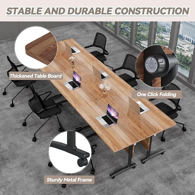 Conference Table, Foldable Conference Room Tables with Silent Wheels, Folding Modular Seminar Meeting Tables, Modern Rectangle Training Table for Office, Boardroom (10, Wood, 61.0)