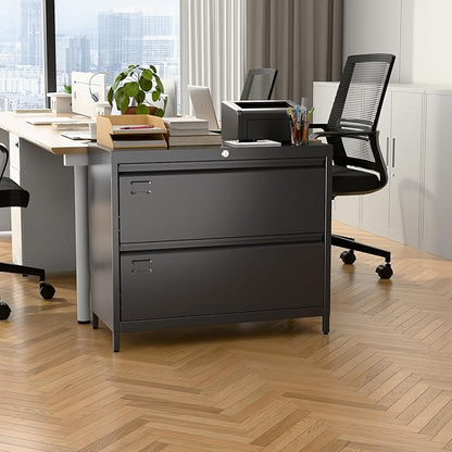 SUXXAN Metal 2 Drawer Lateral File Cabinet with Lock & Adjustable Feet - Wide Filing Cabinet for Letter/Legal/F4/A4 Hanging Files - Includes Business Card Holder,Home Office School Storage,Black