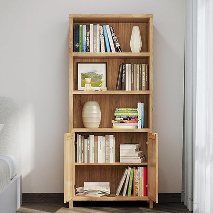 Bookshelf, 71" Tall Bookcase with Doors, 5 Tier Wooden Bookshelf Open Shelf Bookcase, Modern Farmhouse Bookshelves for Office,Library, Living Room