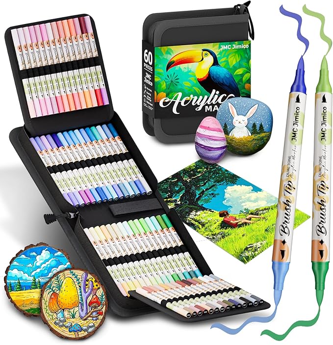 Acrylic Paint Markers Pro Set, 60 Pieces, Dual-Color Brush Tips, Waterproof, No Bleeding, Black Case with Floral Design, 1-5mm Line Width, for Drawing, Journaling, Coloring Book