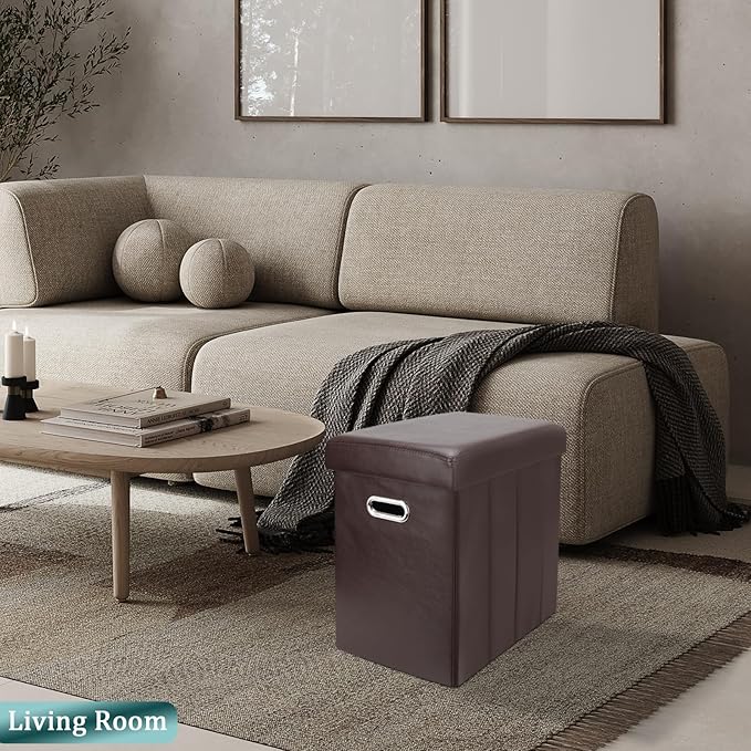 Tall Ottoman with Storage, Faux Leather Collapsible Slim Folding Ottoman Furniture with Handles Lid for Room Footrest Foot Stool, Brown 16.5x16.5x11.8in