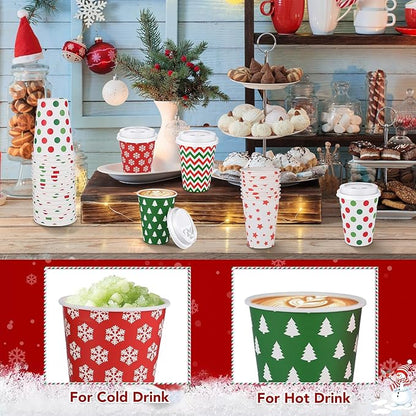 300 Pcs/100 Sets Christmas Coffee Cups with Lids and Sleeves 12 oz Disposable Christmas Paper Cups Party Drinking Cups for Hot and Cold Drinks Chocolate Coffee Tea Beverage Bar Supplies (Simple)