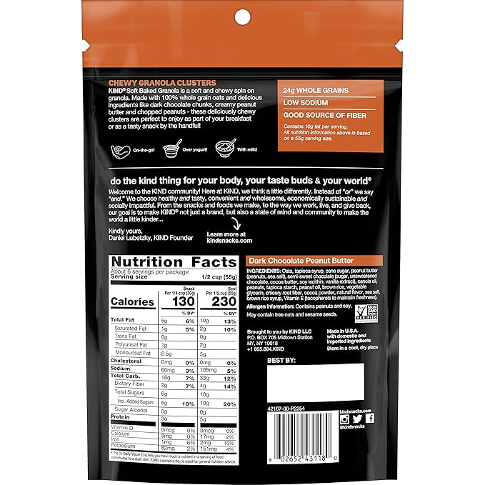 KIND Soft Baked Granola, Dark Chocolate Peanut Butter, Healthy Snacks, Gluten Free, 100% Whole Grains, 5g Protein, 11oz, 1 Count