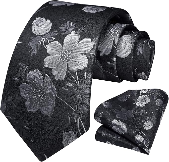 HISDERN Men Floral Ties Woven Classic 3.4" Necktie Set Formal Tie Pocket Square for Wedding with Handkerchief Gift Box