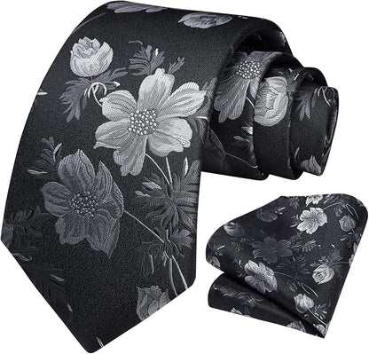 HISDERN Men Floral Ties Woven Classic 3.4" Necktie Set Formal Tie Pocket Square for Wedding with Handkerchief Gift Box
