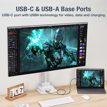 AVLT Single 57 Inch Heavy Duty Monitor Arm Pole Top Mount with USB-C USB-A Ports-White, Height Adjustable, Easy Install Top C-Clamp/Grommet with Reinforcement Plates, VESA Compatible 200/100/75