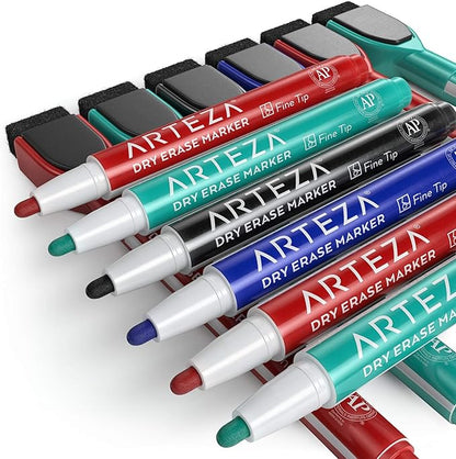 ARTEZA Magnetic Dry Erase Markers with Eraser, Bulk Pack of 60, Fine Tip, 4 Assorted Colors with Low-Odor Ink, Whiteboard Pens, School and Office Supplies
