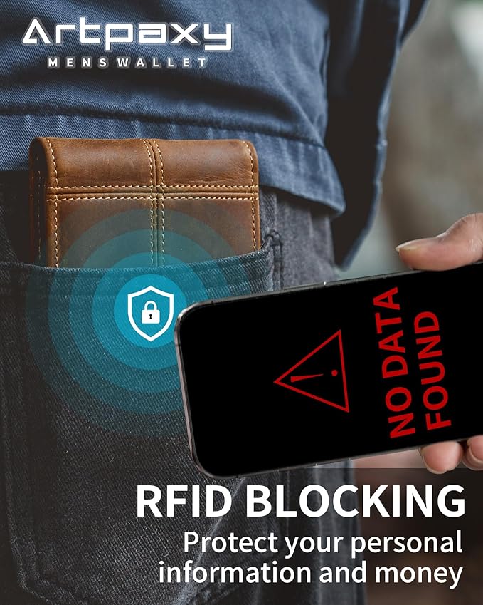 Mens Wallet Bifold Genuine Leather RFID Blocking Wallet for Men with 2 ID Windows 12 Card Holders 2 cash pockets 1 Gift Box