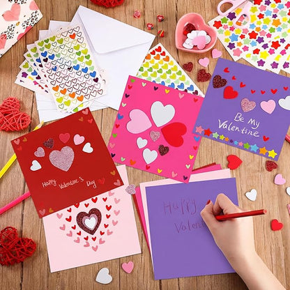 Zonon 16 Pack Valentines Crafts DIY Card Valentines's Day Kits Foam Heart Sticker Craft DIY Kits Envelopes Cards Set for Exchange Gifts (Bright Color)