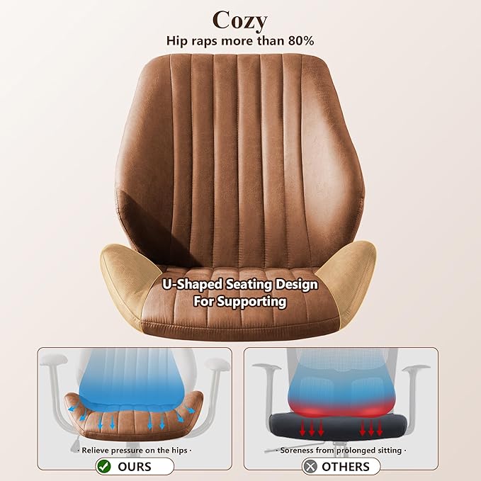 Mid Century Modren Office Chair - Fuax Leather Suede Brown Executive Chairs Ergonomic Mid Back with Lumbar Support, Swivel Computer Desk Task Chair with Wheels for Home Office (Brown, Mid Back)