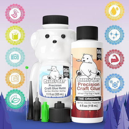 Bearly Art Precision Craft Glue -The Bundle - 4fl oz and 11fl oz Refill Bear - Tip Kit Included - Wrinkle Resistant - Flexible and Crack Resistant - Strong Hold Adhesive - Made in USA