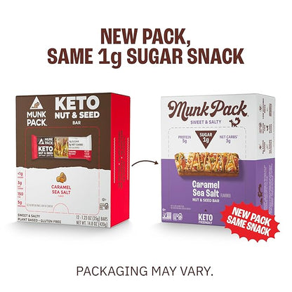 Munk Pack Caramel Sea Salt Nut & Seed Snack Bars Stocking Stuffers | 5g Protein, 1g Sugar, 3g Net Carbs | Keto Friendly, Plant-Based, Low Sugar, Non-GMO, Gluten-Free Snacks | 24 Count (4.92 oz)