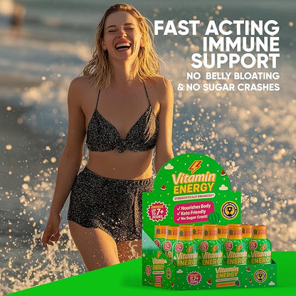 Vitamin Energy Immune+ Extra Strength Energy Shot Watermelon Burst 12 Pack, 260mg Natural Caffeine, B-Vitamins, Citicoline, Green Tea, Immunity & Focus Support, Zero Sugar, Gluten-Free 1.93 fl oz