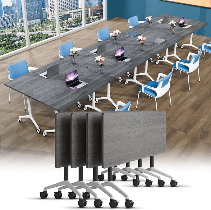 Conference Table, Foldable Conference Room Tables with Silent Wheels, Folding Modular Seminar Meeting Tables, Modern Rectangle Training Table for Office, Boardroom (4, Grey, 55.1)