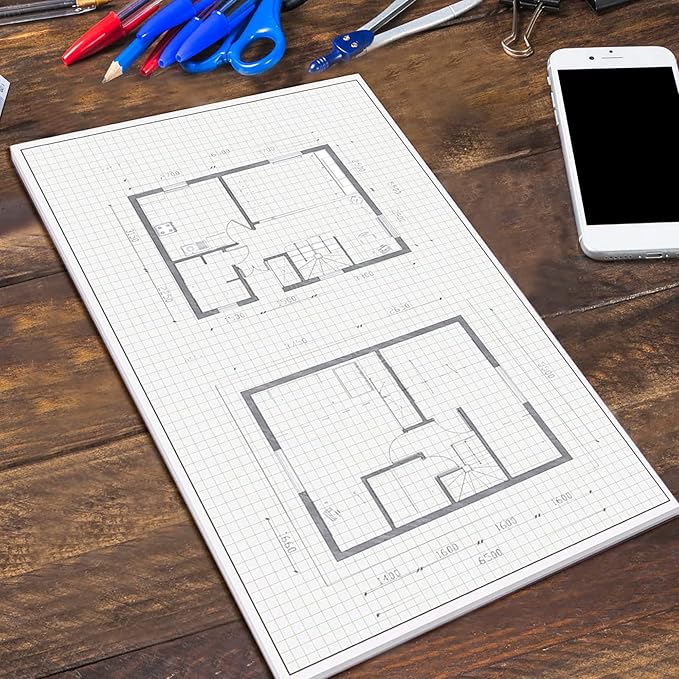 Performore 1 Pack Grid Paper Pads, 50 Sheets per Pad 11" x 17" Graph Paper Glue Top Binding Double Sided 4x4 Quadrille White Paper for Engineering Or Technical Drawings, Blueprint, Drafting