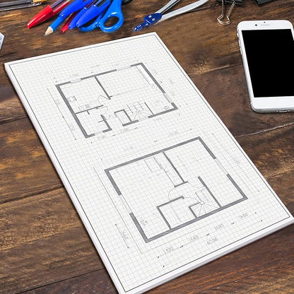 Performore 1 Pack Grid Paper Pads, 50 Sheets per Pad 11" x 17" Graph Paper Glue Top Binding Double Sided 4x4 Quadrille White Paper for Engineering Or Technical Drawings, Blueprint, Drafting