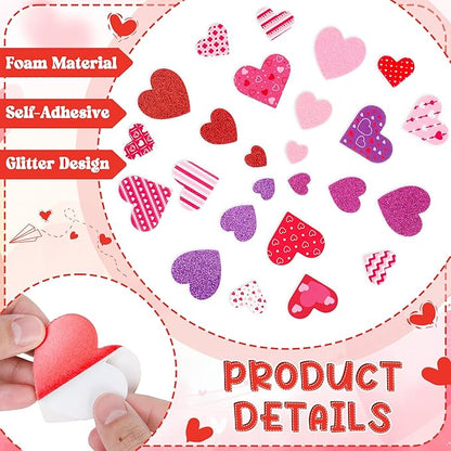 200 PCS Valentines Stickers for Kids, Glitter Foam Heart Stickers, Self-Adhesive Valentines Crafts, Polka Dots Heart Foam Stickers Red Pink Purple Foam Valentine Stickers Scrapbook Card Present DIY