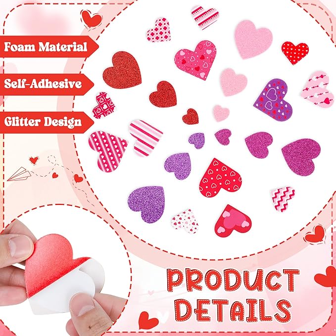 300 PCS Valentines Stickers, Self-Adhesive Foam Heart Stickers, 4 Color Glitter Hearts for Valentines Crafts, Polka Dots Stripe Valentine's Decor, DIY Supplies for Scrapbooking Card Making