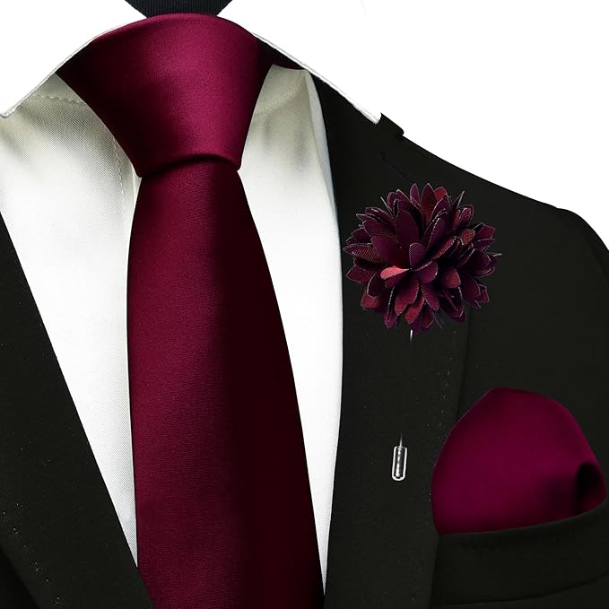 Branduce 3.15"（8cm） Pre-tied Adjustable Zipper Tie and Lapel Pin Solid Necktie Handkerchief Set for Men