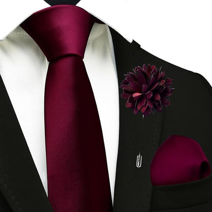 Branduce 3.15"（8cm） Pre-tied Adjustable Zipper Tie and Lapel Pin Solid Necktie Handkerchief Set for Men