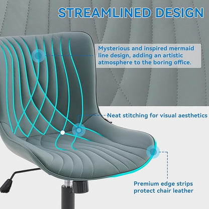 YOUNIKE Office Chair Armless Desk Chair with Wheels, Home Office Computer Task Chair, Modern Faux Leather Upholstered Vanity Chair, Adjustable Swivel Rolling Office Chairs, Slate Blue