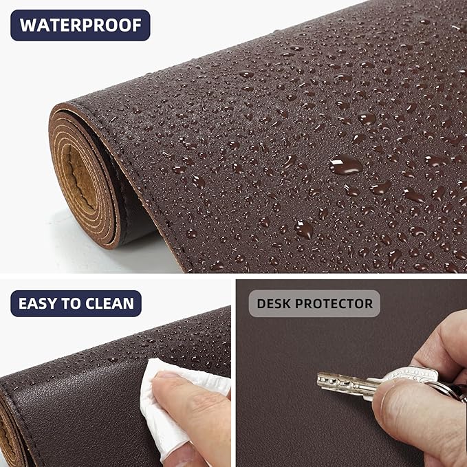 Leather Desk pad Protector, Large Desk mat with Natural Cork & PU Leather,Mouse pad,Non-Slip Office Desk Mat,Waterproof Desk Writing Pad for Office and Home (Coffee 31.5in*17in)