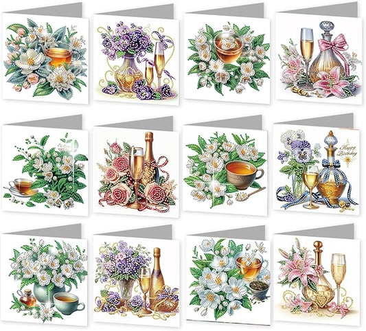 jinglinhh 12pcs Diamond Art Painting Flower Drink Greeting Cards with Envelopes, DIY Card Making Kits for Adults, Diamond Art Postcards Christmas Cards Craft Gifts