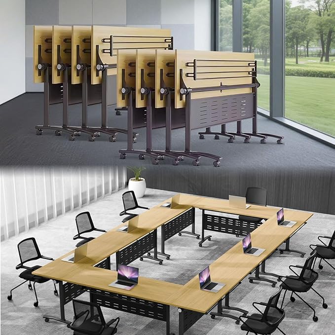 Folding Conference Table,Conference Table with Wheels,Large Flip-Top Training Table,Freely Combinations,Easy to Move for Offices,Schools,Training Rooms（8,A-Yellow,55in